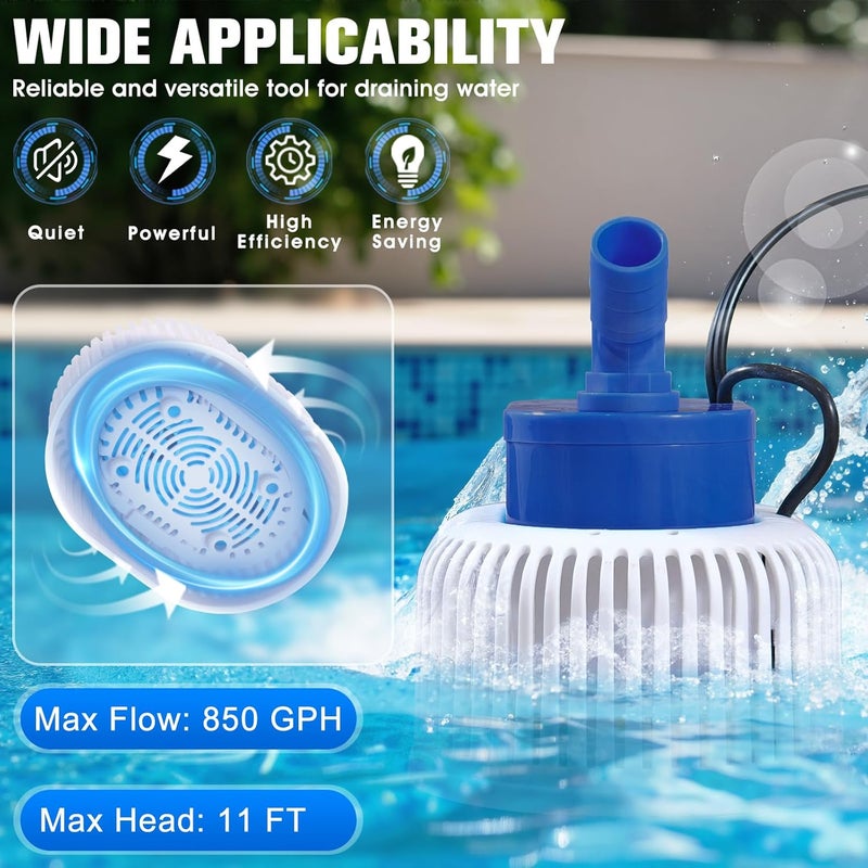 CoolPump Pool Cover Pump with Lights, Above Ground Sump Pump Submersible, Sump Pumps for Pool Draining, Water Removal Pumps with 16ft Drainage Hose & 25 ft Extra Long Power Cord,850 GPH,4 Adapters-Navy Blue - Image 4
